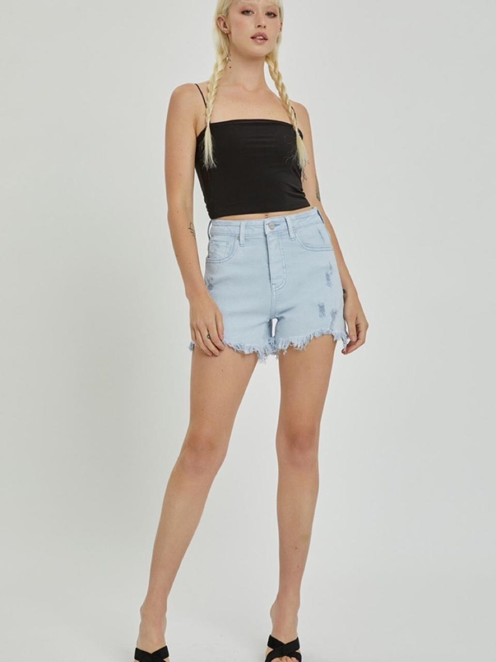 W27-28 Medium RISEN Jeans High Rise Light Wash Distressed Denim Cutoff Shorts